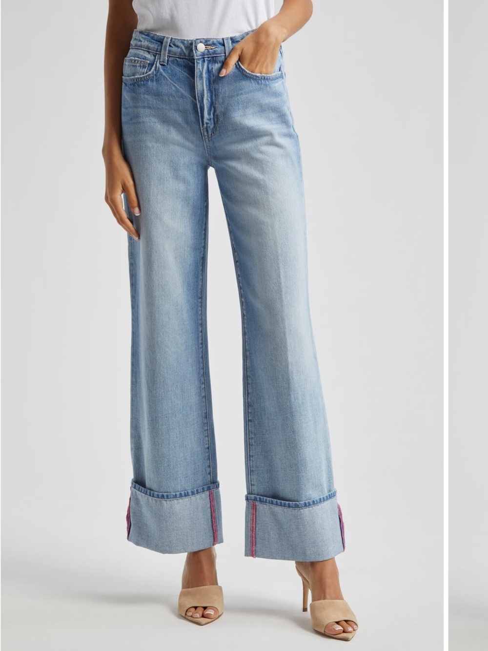 L'AGENCE Light Blue Wide-Leg Cuffed Jeans with Pink Trim size 32 NWT